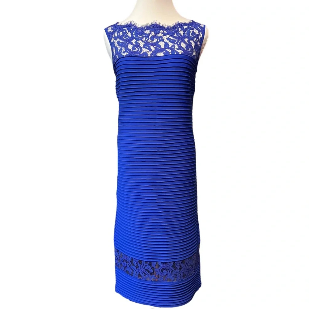 Tadashi Shoji Cobalt Blue Horizontal Pleated Bodycon dress with Lace Bod… - Picture 3 of 8